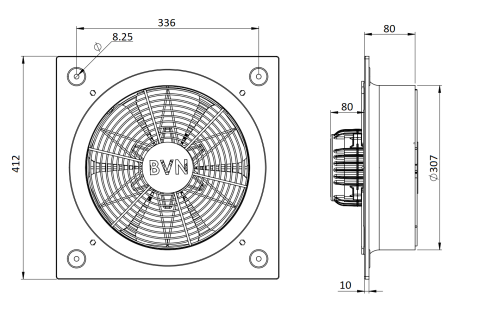 rysunek techniczny Wentylator osiowy ścienny BVN B6PAM 300mm 2390m3/h