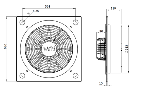 wymiary Wentylator osiowy ścienny BVN B6PAM 500mm